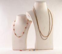 9ct GOLD CORAL BEAD SET NECKLACE with a pair of matching coral set EARRINGS; TWO 9ct GOLD CHAIN