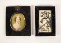 19TH CENTURY LITHOGRAPHIC PORTRAIT MINIATURE of the young queen Victoria, in oblong ebonised frame