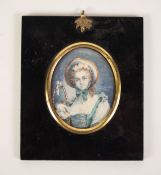 SAUNDERFIELD ?  OVAL PORTRAIT MINIATURE ON IVORY, young woman wearing a bonnet and holding a