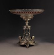VICTORIAN SILVER PEDESTAL TAZZA OR FRUIT STAND with original cut glass and ruby flashed removable