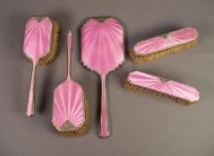 PRE-WAR SILVER AND GUILLOCHE PINK ENAMEL FIVE PIECE LADY'S DRESSING TABLE BRUSH SET, Birmingham