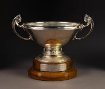 EARLY 20th CENTURY SILVER PRESENTATION TWO HANDLED PEDESTAL BOWL removable from a wooden base