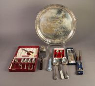 MIXED LOT OF ELECTROPLATE, to include: PRESENTATION CIRCULAR TRAY, 14? (35.5cm) diameter, ?THE