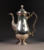 20th CENTURY GEORGIAN REVIVAL SILVER PEAR SHAPE COFFEE POT with blackwood scroll handle and pine