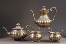 20th CENTURY SILVER MELON FORM FOUR PIECE TEA AND COFFEE SERVICE, each with scroll handles, the