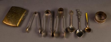 THREE PAIRS OF PLATED SUGAR TONGS, an originally silver plated CIGARETTE CASE; three white metal