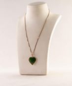 9ct GOLD FINE CHAIN NECKLACE, 15 1/2in (39.5cm) long, 2 gms and the heart shaped green stone PENDANT