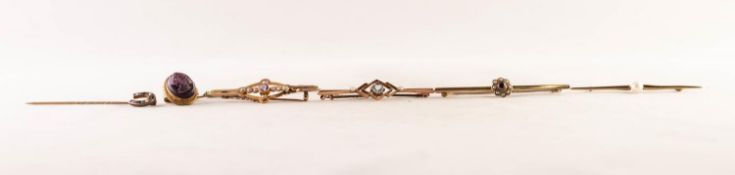 EDWARDIAN 15ct GOLD, PALE AMETHYST AND SEED PEARL SET BROOCH; three other 9ct GOLD and one