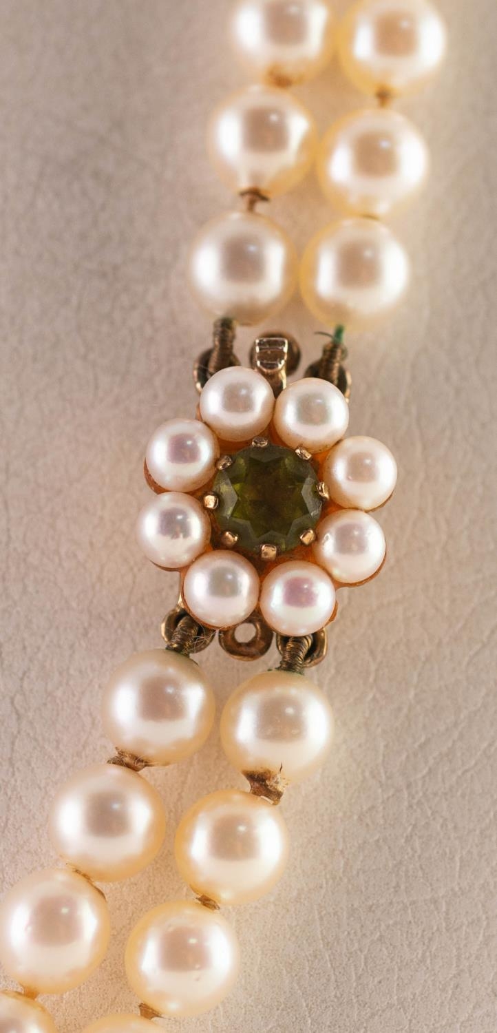 TWO STRAND NECKLACE OF GRADUATED CULTURED PEARLS with 9ct gold daisy cluster clasp with centre - Image 3 of 3
