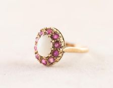 9ct GOLD OPAL AND RUBY OVAL CLUSTER RING, set with a centre cabochon oval opal and surround of ten