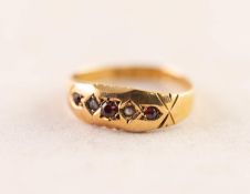 VICTORIAN SPLIT PEARL AND RED PASTE FIVE STONE RING, 18ct gold, hallmarked Chester 1895, 1.39 gms,