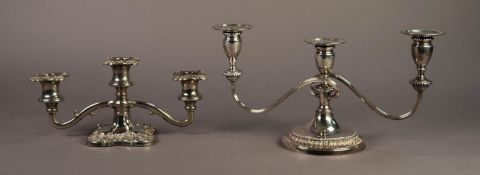 TWO ELECTROPLATED TWIN BRANCH, THREE LIGHT LOW CANDELABRAS, one of circular form with leafy