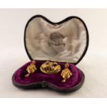VICTORIAN GOLD (unmarked) AMETHYST SET DEMI-PARURE of brooch and a pair of earrings, in original