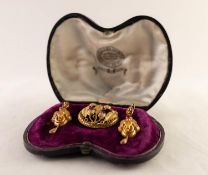 VICTORIAN GOLD (unmarked) AMETHYST SET DEMI-PARURE of brooch and a pair of earrings, in original