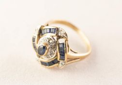 9ct GOLD TINY SAPPHIRE AND WHITE STONE SET RING, (two blue stone missing), 3.4 gms gross