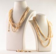 TRIPLE STRAND CULTURED PEARL NECKLACE with .935 and marcasite set silver clasp; a double strand