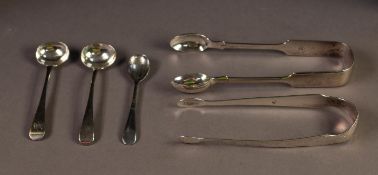 FIVE PIECES OF ANTIQUE SILVER CUTLERY, comprising: TWO PAIRS OF SUGAR TONGS, one fiddle pattern,