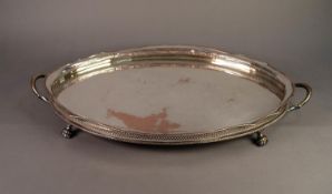 SILVER PLATED ON COPPER TWO HANDLED GALLERIED LARGE TEA TRAY, of oval form with plain centre,