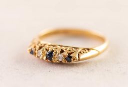 SAPPHIRE AND DIAMOND 18ct GOLD FIVE STONE RING with carved setting, hallmarked 1976, 3.13gms, ring