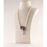 SINGLE STRAND NECKLACE OF GRADUATED CULTURED PEARLS, the front having a silver coloured metal