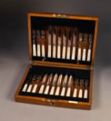 EARLY 20th CENTURY OAK CASED SET OF TWELVE MOTHER-OF-PEARL HANDLED FRUIT KNIVES & FORKS with