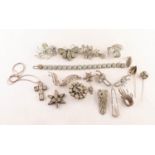 SELECTION OF MARCASITE AND PASTE SET JEWELLERY, including a star and clover leaf brooch, a similar