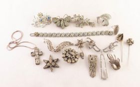 SELECTION OF MARCASITE AND PASTE SET JEWELLERY, including a star and clover leaf brooch, a similar