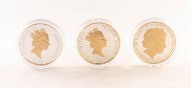 SET OF THREE 2006, QUEEN ELIZABETH II ROYAL COMMEMORATIVE UNCIRCULATED SILVER AND GILT PROOF