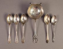 SIX VICTORIAN AND LATER SILVER SPOONS, comprising: TEA STRAINER BY WALKER & HALL, Sheffield 1944,