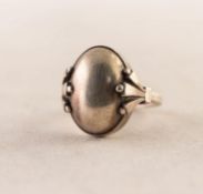 GEORG JENSEN SILVER RING with cabochon oval top with collet surround and three strand fan shaped