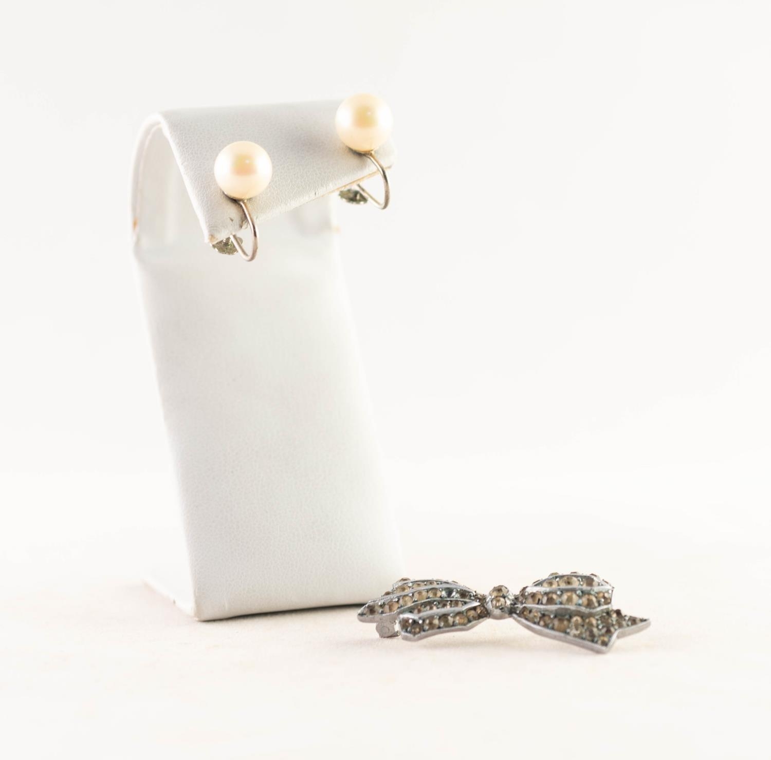 PAIR OF .830 PURITY SILVER AND CULTURED PEARL SET EARRINGS, and a white metal and paste-set