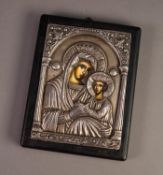 MODERN GREEK EMBOSSED AND FILLED SILVER COLOURED METAL AND PAINTED ICON, of typical form, mounted on