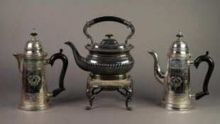 GEORGIAN STYLE ELECTROPLATE TEAPOT ON SPIRIT BURNER STAND, of rounded oblong form and semi