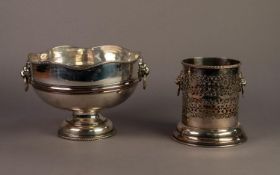 SILVER PLATED ON COPPER TWO HANDLED PEDESTAL ROSE BOWL, with gadrooned, wavy rim, captive lion