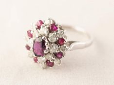 18ct WHITE GOLD TINY RUBY AND DIAMOND SET RING, 4gms gross