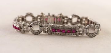 ART DECO 14ct WHITE GOLD, RUBY AND DIAMOND ELABORATE LINK BRACELET, three sections each having