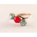 THREE STONE RED AND PALE BLUE PASTE SET CROSS-OVER RING, (stamped 14k), 2.22 gms, ring size J/K