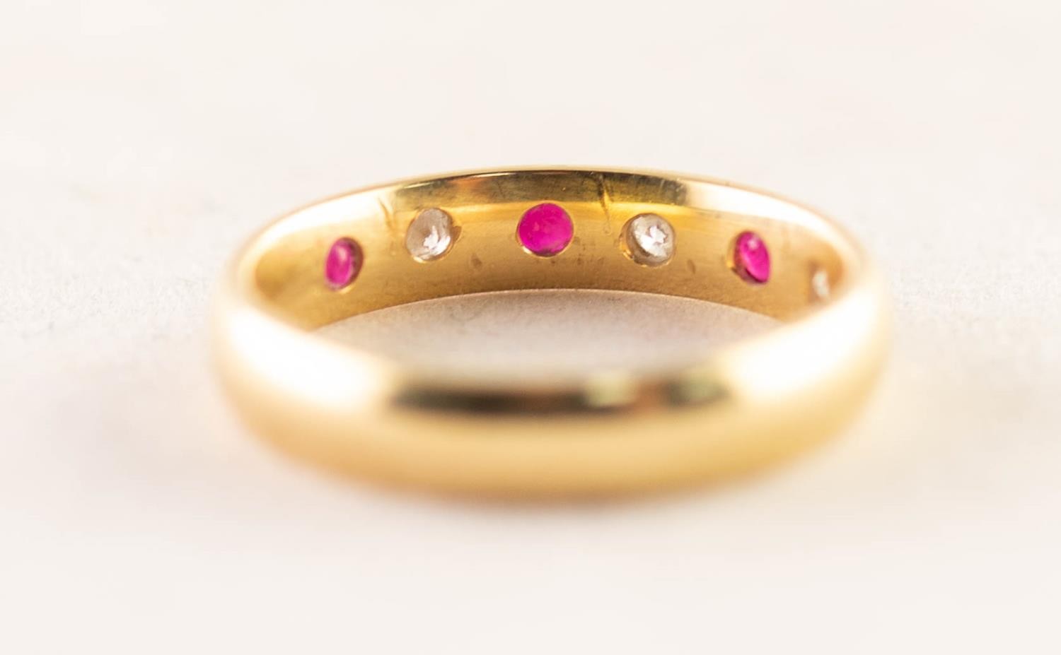 18ct GOLD BAND RING, the top gypsy set with a half hoop of three small diamonds and three uniform - Image 3 of 3