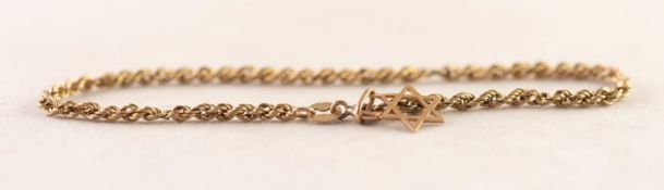 9ct GOLD ROPE CHAIN BRACELET with pendand Star of David charm, Birmingham import hallmark 1963, 1.