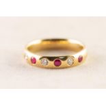 18ct GOLD BAND RING, the top gypsy set with a half hoop of three small diamonds and three uniform