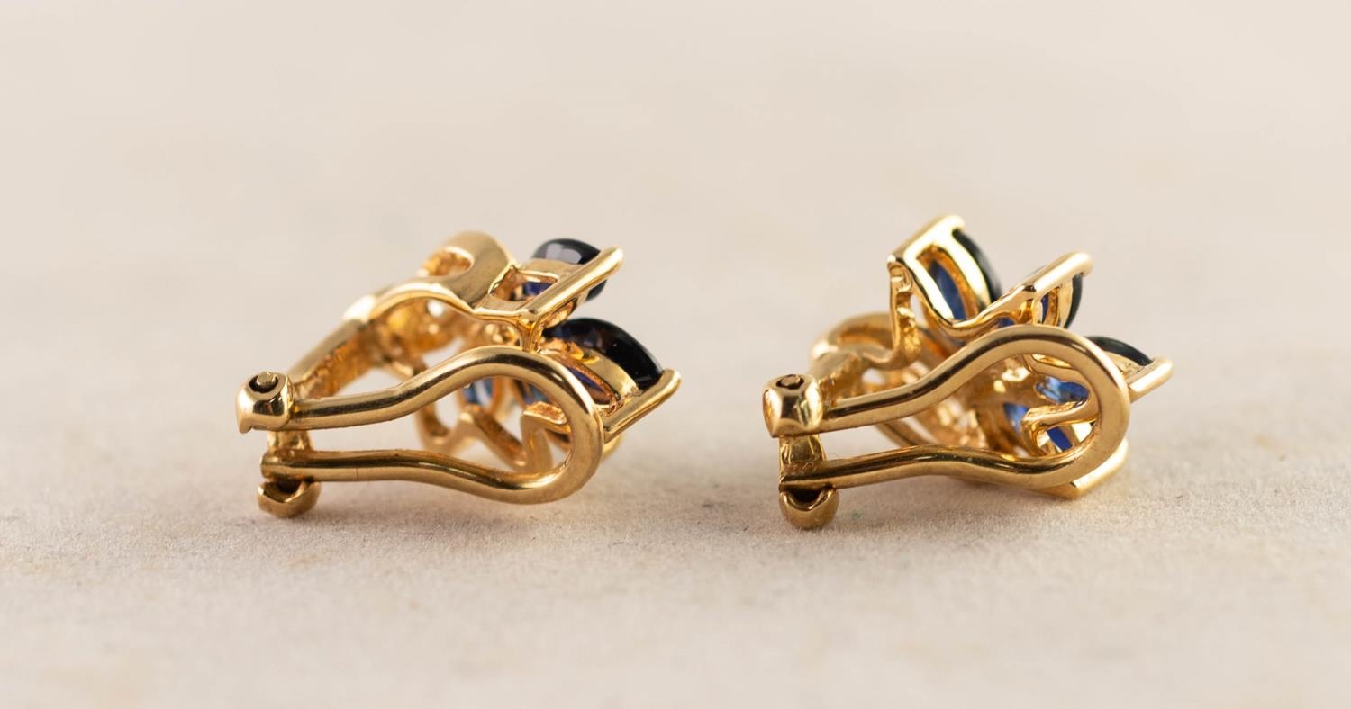 PAIR OF 18ct (.750 marked) GOLD EARRINGS each set with four marquise cut sapphires and three tiny - Image 2 of 2