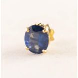 GENT'S 18ct GOLD EAR STUD, CLAW SET WITH A CORNFIELD BLUE OVAL SAPPHIRE, approximately 2ct (with