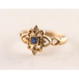 9ct GOLD SQUARE SAPPHIRE AND TWO TINY DIAMOND DRESS RING, hallmarked Birmingham 1992, 2.08 gms, ring