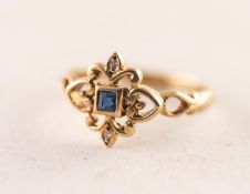 9ct GOLD SQUARE SAPPHIRE AND TWO TINY DIAMOND DRESS RING, hallmarked Birmingham 1992, 2.08 gms, ring