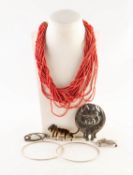 RED CORAL MICRO-BEAD MULTI-STRAND NECKLACE; silver Mackintosh style BROOCH; large cast metal PIG