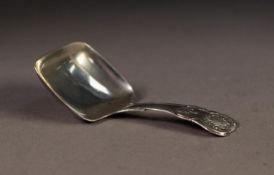 GEORGE IV SILVER CADDY SPOON, with kings pattern handle and oblong bowl, Birmingham assay mark, date