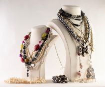 LONG CONTINUOUS NECKLACE OF MOTHER OF PEARL CHIP BEADS with micro-bead spacers; 10 other COSTUME