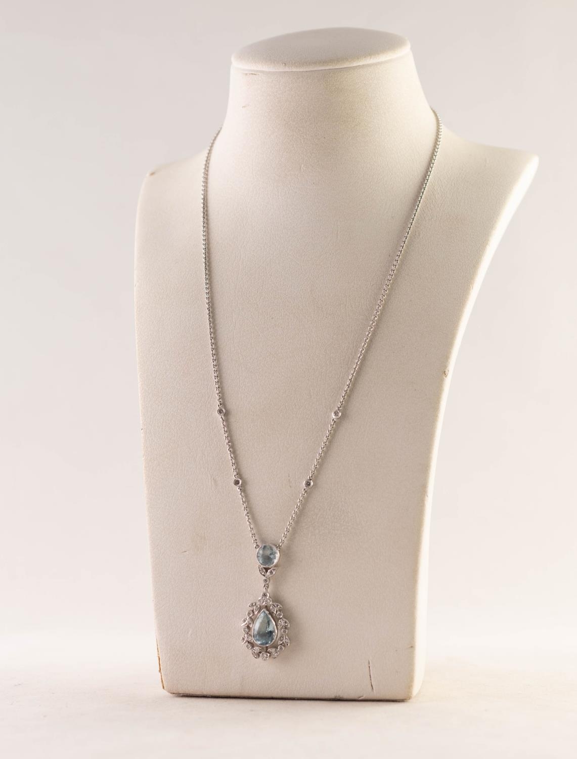 18ct WHITE GOLD, DIAMOND AND AQUAMARINE NECKLACE, the fine chain necklace collet set with four