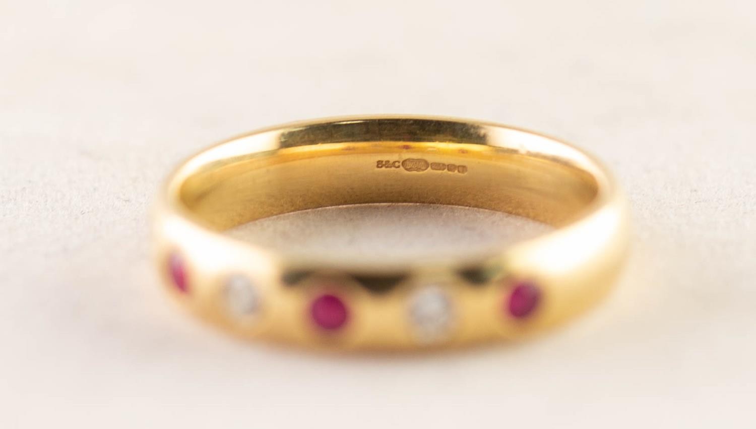 18ct GOLD BAND RING, the top gypsy set with a half hoop of three small diamonds and three uniform - Image 2 of 3