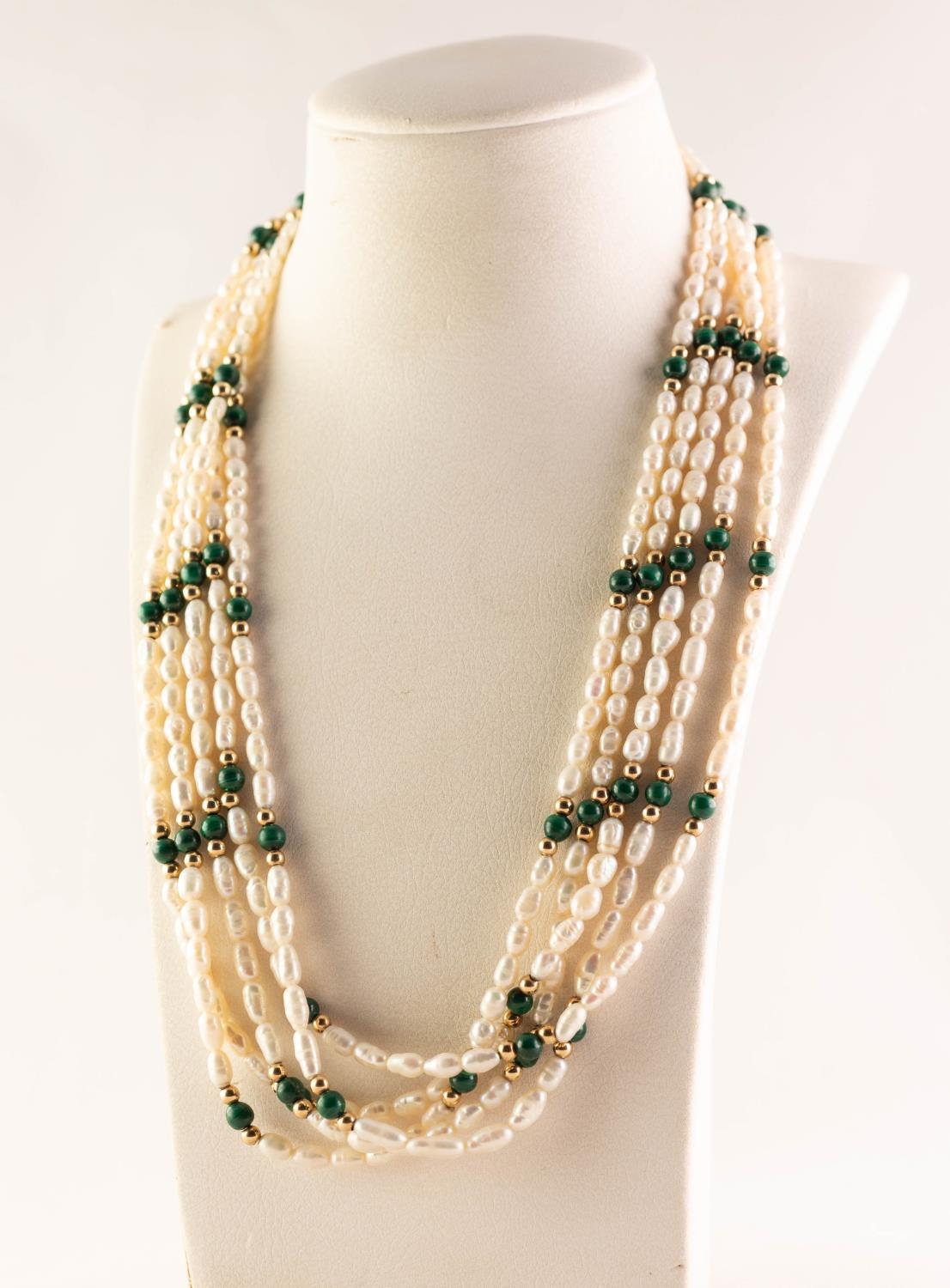 MULTI-STRAND FRESHWATER PEARL NECKLACE with 14K gold clasp and with gold and malachite bead spacers